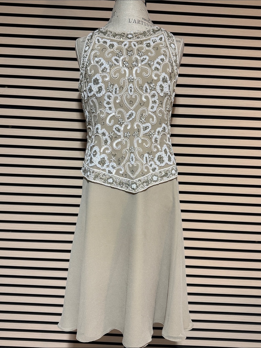 J Kara Ivory Beaded Overlay Midi Dress